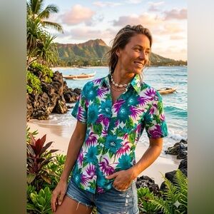Authentic Khamlaingaen Thai Hawaiian Shirt XL Teal Fuchsia Floral Aloha Coastal